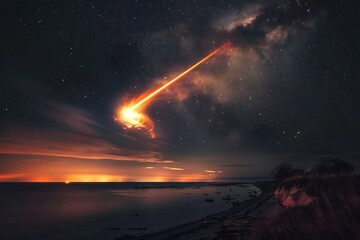 Burning comets and meteors streak across the sky, hurtling towards Earth with fiery intensity, illuminating the darkness of space