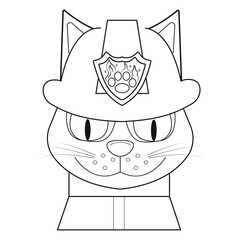 vector illustration of a cat in a fireman's uniform and helmet drawn in line art style, isolated on white background