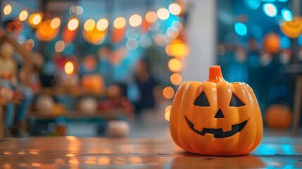 Festive Halloween Pumpkin Decor with Blurred Colorful Lights