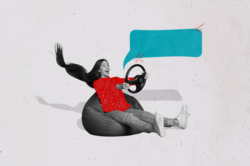 Composite trend artwork sketch image 3D photo collage of textbox speech cloud chatting bulb young woman hand hold car wheel sit beanbag