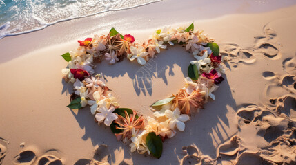 heart made with flowers wreath on the beach