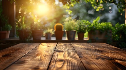 Abstract empty wooden desk table food restaurant mockup display products plants sunlight day
