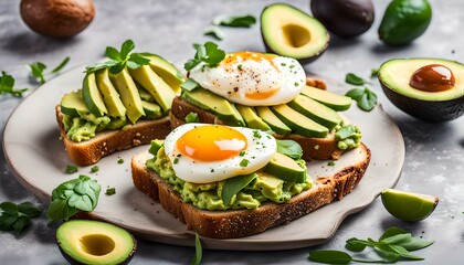 Two avocado open sandwiches with egg. Keto and diet concept. Healthy toast food for breakfast.
