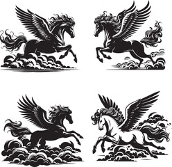 Obraz premium Flying horse on clouds black and white silhouette 