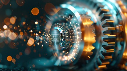 A close up of a clock with a gold face and a blue background. The clock is surrounded by a blurry, abstract background. The clock's face is the main focus of the image, and it is a modern