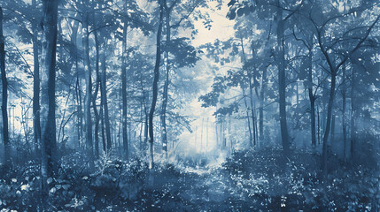 Naklejka premium Tranquil Forest Cyanotype: Ethereal Blue Tones of Nature's Solitude in a Dreamy Woodland Scene