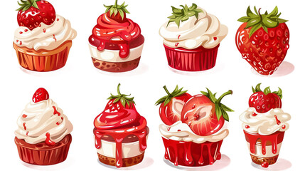 Fresh strawberry dessert vector design set, featuring a vibrant, healthy, and colorful array of sweet treats on a transparent background