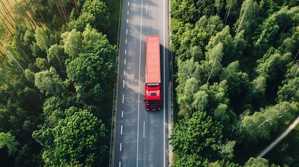Aerial View of Red Hydrogen Energy Truck Driving on Highway Road Through Green Forest