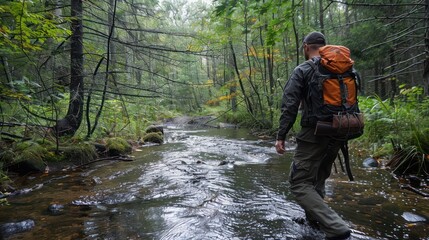 Obraz premium The tourist carrying a large backpack walks on a small stream amidst the lush and dense forest, enjoying a relaxing and adventurous journey.
