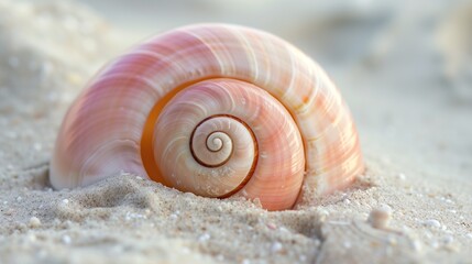 Close-up of a pink seashell resting on sandy beach with soft focus background. Marine life studies, coastal decor, beach vacation inspiration, natural textures, oceanic beauty concept.