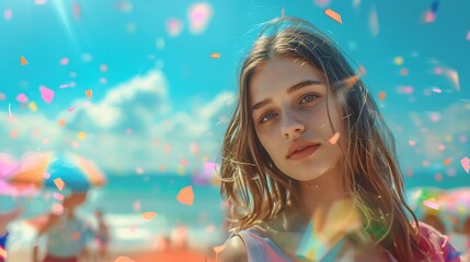 Naklejka premium Beautiful young woman at a summer festival, looking at camera, simple, minimalist, and colorful, with a beach festival scene, vibrant ocean and sky