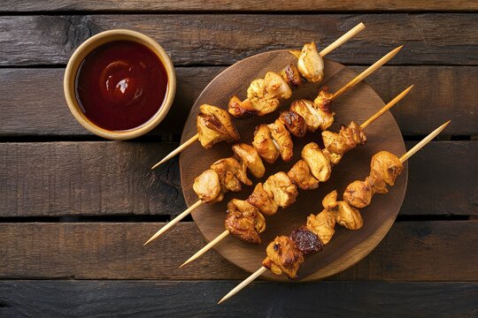 Food Photography of Delicious Chicken Satay or Kebab Skewers and Sauce Bowl on Wooden Table
