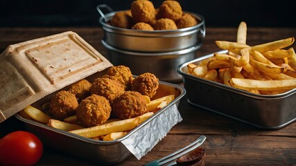 fries chicken and potato snacks plate ai generated