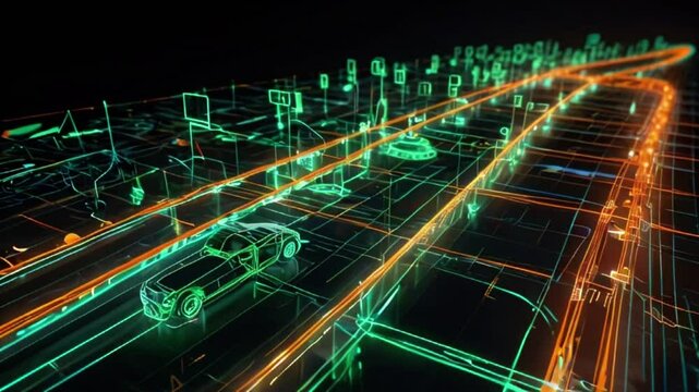 Digital Autonomous Car on Grid: Brightly outlined vehicle at network center with illuminated pathways for advanced navigation.