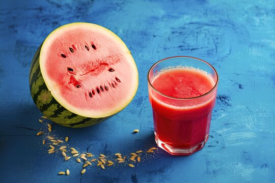 watermelon and juice, on blue background