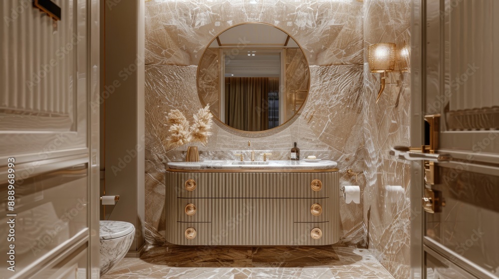 Wall mural an elegant powder room with a statement mirror, gold fixtures, a stylish vanity, and marble flooring