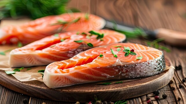 Raw salmon steaks with green herbs on wooden table with knife Red omega fish steaks for healthy omega diet