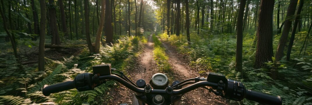 Motorcycle parked on forest trail with tall trees, dappled sunlight. Perfect scenery for adventure travel agency, tours. Rider ready to hit road. Explore nature, outdoor activities, motorcycle tourism