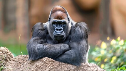 Obraz premium Silverback Gorilla Sitting and Resting Against Rock