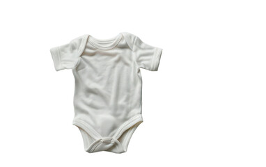 A white baby onesie lays flat on a white background