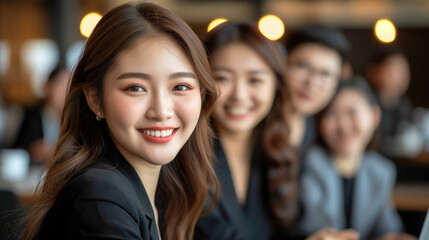 Obraz premium Smiling businesswoman at meeting with colleagues, with warm lighting in background. Team collaboration, professional workplace environment, corporate teamwork, business presentation.