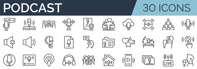 Set of 30 outline icons related to podcast. Linear icon collection. Editable stroke. Vector illustration