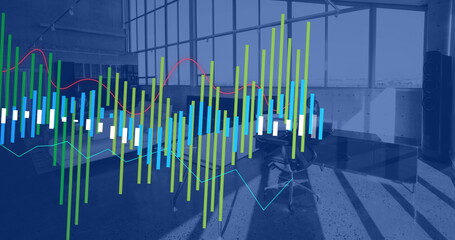 Image of financial data processing over empty office