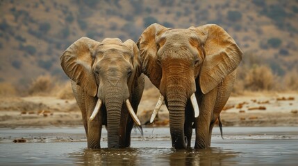 Fototapeta premium Mother and calf African elephant quenching their thirst at a waterhole photographed from water level