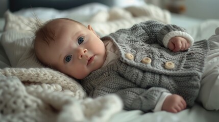 Newborn baby lying on a soft bed in a gray knitted cardigan and white pants with eyes open and an alert expression capturing a moment of early curiosity in a cozy home setting