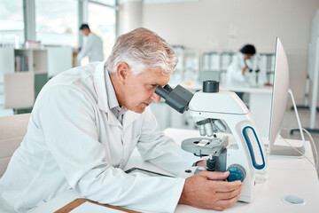 Mature, man and scientist with microscope in laboratory for observation, research and biology...