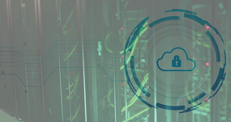 Image of scope scanning with cloud and padlock icon over server room