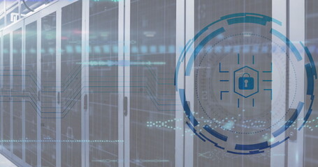 Image of scope scanning with padlock icon over server room