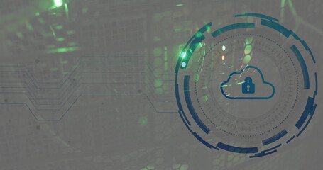 Image of scope scanning with cloud and padlock icon over server room