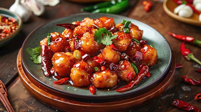 Stir Fried Spicy Fish Balls Spicy stir fry clown featherback fishball in a plate