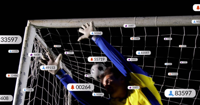 Image of digital data processing over caucasian football goal keeper