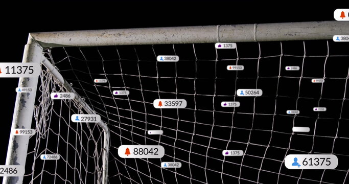 Image of digital data processing over caucasian football goal 