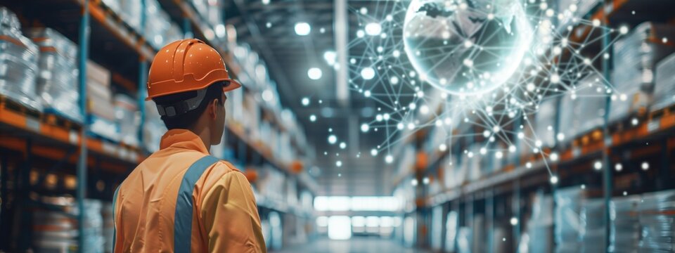 Worker in orange safety gear in a warehouse with a digital globe and network connections overlay. Logistics, supply chain management, warehouse technology, inventory tracking, global trade concepts.