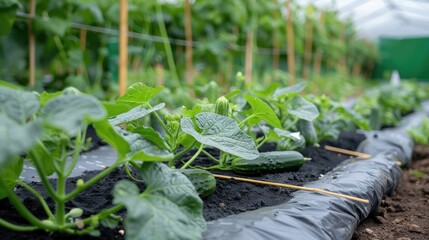 Cucumbers in a garden bed mulched with black sponbond A small greenhouse made of plastic pipes and spunbond with cucumber seedlings in a garden plot