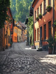 Obraz premium Cobblestone street in Old Town Bruges features colorful buildings and a vibrant atmosphere. Perspective from ground level looks down the street towards the horizon, reflecting warm city hues.