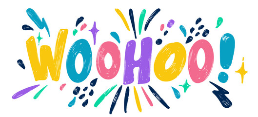 Woohoo Calligraphy colorful design for banner, poster graphics. Sticker text brush abstract. Lettering design for greeting cards, Birthday card, invitation card. Vector text, lettering composition.