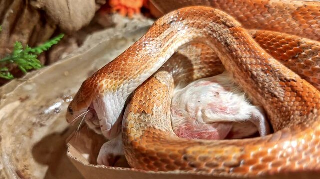TIMELAPSE: A red corn snake feeding in a terrarium on a rat. Pantherophis guttatus is a North American species of rat snake that subdues its prey by constriction. Corn snake swallowing a grey rat.