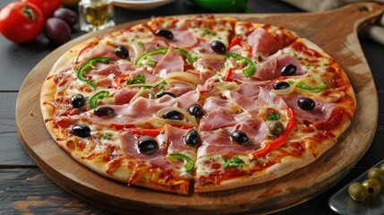 Sliced ham pizza with capsicum and olives on wooden board on table