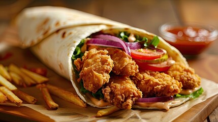 A delectable chicken nugget wrap sandwich bursting with crispy onion golden French fries fresh green salad and ripe tomato all wrapped in a warm soft tortilla