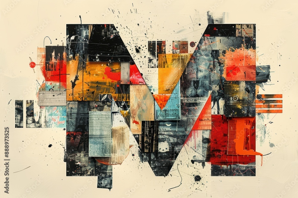 Fototapete an artistic collage illustration of the letter m composed of various textures and materials creating