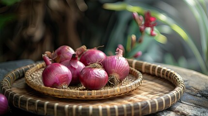 red shallots or indonesian red onion on round rattan tray traditional organic spices used for cooking selective focus blurry technique landscape shot