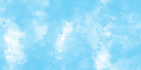 Soft sky blue watercolor splash stroke cloudy background, ocean blue watercolor colorful painting with splashes, blue texture for template, greeting card, invitation card, poster template and design.