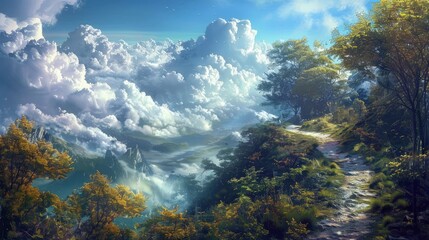 Fototapeta premium An amazing view a path winding through the trees leading up to a vast open sky