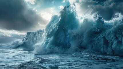 Naklejka premium Dramatic iceberg crashing into water
