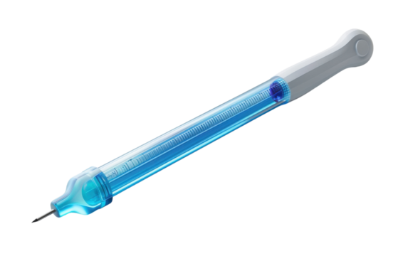 A blue plastic syringe with a white handle is isolated against a white background