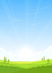 A beautiful summer landscape. Fields and hills covered with green grass and flowers. Clear blue sky. A sunny day. Single trees in the middle of the field. Agricultural land. Vector illustration.	